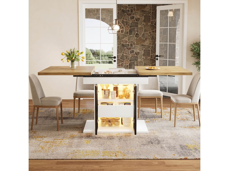  Table à manger extensible led 110-140 cm, 2 tiroirs, portes vitrées coulissantes, rangement intégré, blanc et naturel Sol Morn - Conforama D