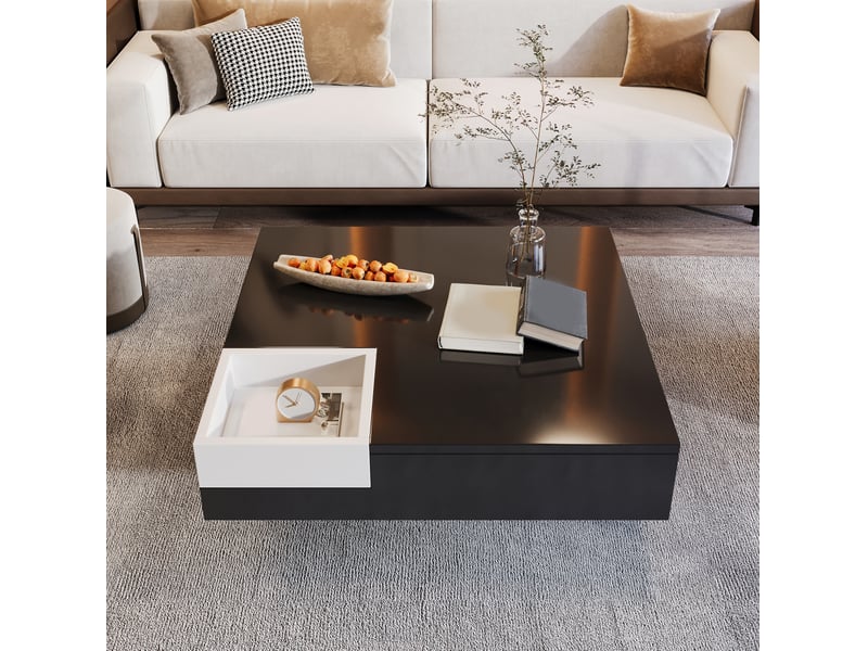  Table basse avec box de rangement amovible et led, pour salon, en panneau de particules, noir et blanc, 72 × 72 × 30 cm  - Conforama B