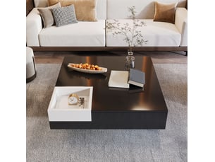 Table basse avec box de rangement amovible et led, pour salon, en panneau de particules, noir et blanc, 72 × 72 × 30 cm