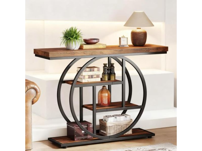 Console d'entrée industrielle à 4 niveaux pour salon en métal et bois noir et brun 105 × 30 × 80 cm - Conforama E
