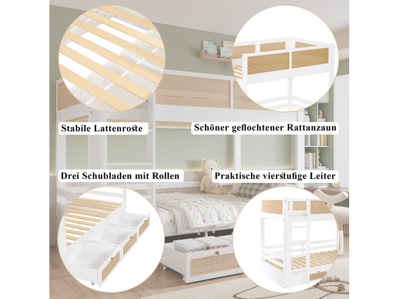  Lit superposé enfant 90x200 cm – blanc et naturel – 3 tiroirs roulants, échelle 4 marches - sans matelas  - Conforama E