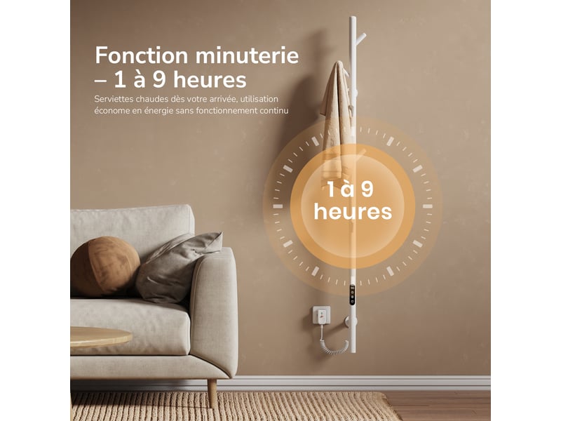  Emke sèche-serviettes électrique wifi pure, blanc brillant, 150 x 12,5 cm, température réglable, minuterie  - Conforama D
