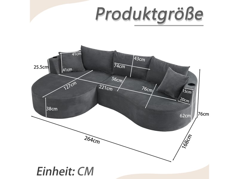  Canapé méridienne gauche 3 places gris design courbé tissu côtelé avec porte-gobelets et coussins pour salon moderne  - Conforama C
