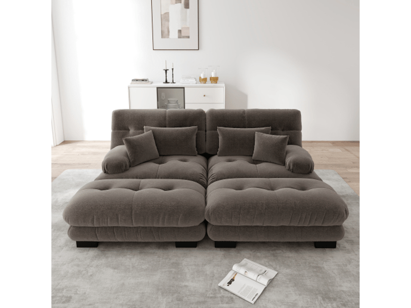 Canapé cloud marron en chenille - 2 poufs et coussins inclus, accoudoirs larges, salon moderne - Conforama B