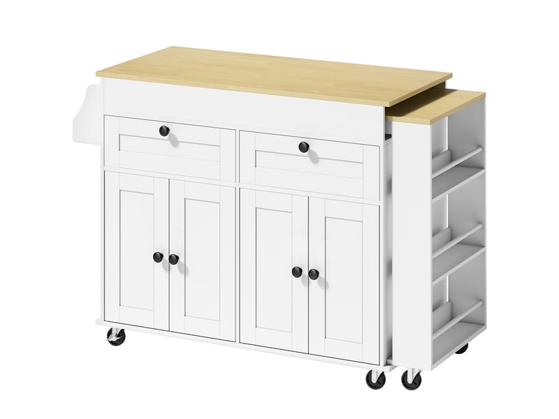 Îlot central cuisine avec plateau extensible, desserte de cuisine sur roulettes avec 2 tiroirs, 4 portes, blanc - Conforama B