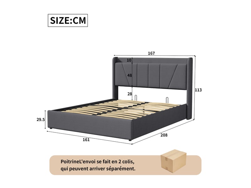  Lit coffre 160x200cm - lit double 160x200 - tissu en lin avec station de charge usbtype-c &amp; étagère - gris  - Conforama E