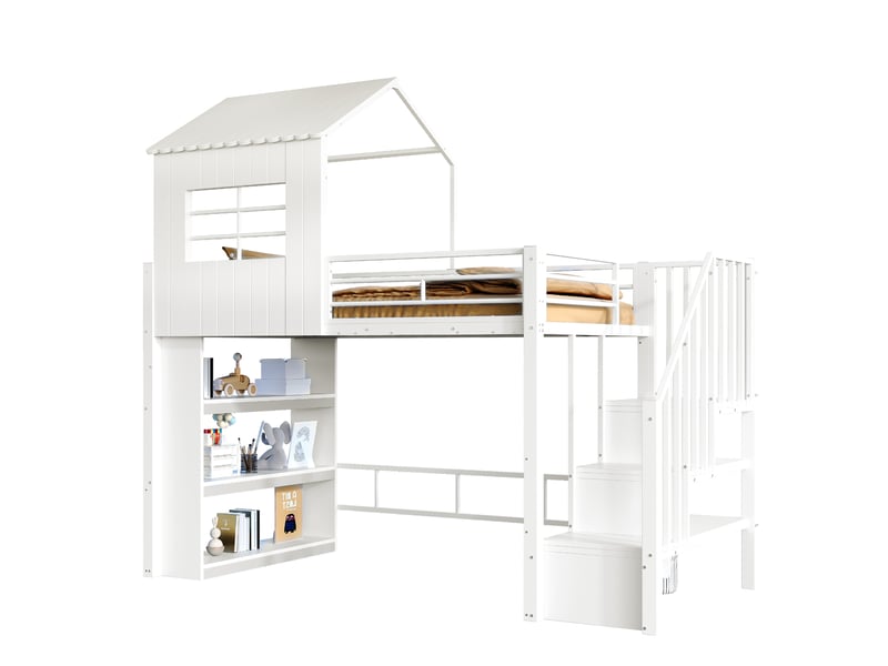  Lit mezzanine enfant 90 x 200 cm blanc avec structure maison, escalier de rangement réversible et étagère  - Conforama A