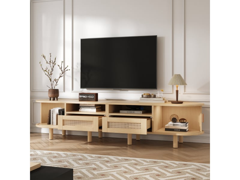  Meuble tv ovale 170 cm avec 2 tiroirs et 2 portes coulissantes aspect rotin bois clair mdf 8 pieds orvryn  - Conforama B