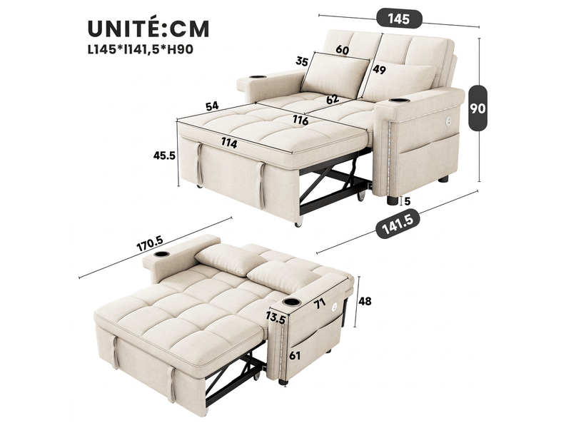  Canapé 2 places convertible avec éclairage led, dossier réglable 3 positions, beige  - Conforama E
