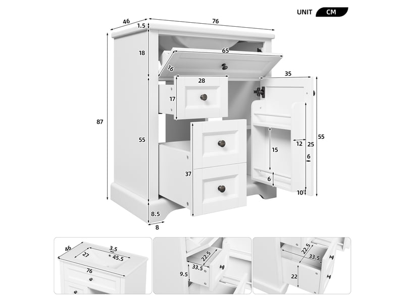 Meuble vasque de salle de bains blanc 76 cm avec lavabo en céramique, 3 tiroirs et rangement réglable - Conforama C