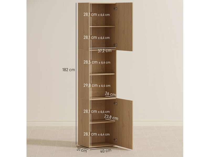  Armoire de salle de bain haute, 6 niveaux, 2 armoires, 2 étagères ouvertes, bois, couleur chêne  - Conforama E