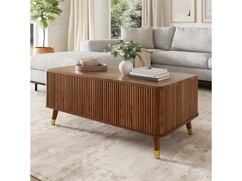  Table basse relevable rectangulaire – 97 x 52 x 42 cm – plateau relevable &amp; double coffre caché – bois - noyer  - Conforama E