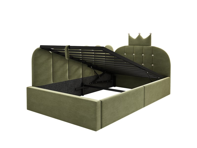  Lit simple rembourré 90 x 190 cm, canapé-lit avec hydraulique rangement, lit enfant avec couronne, sommier à lattes, velours vert  - Conforama E