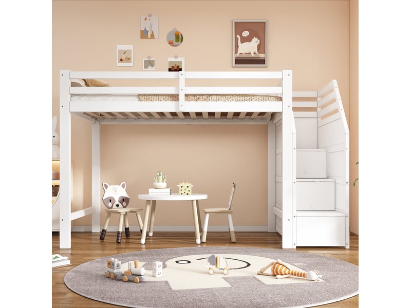  Modenvie lit mezzanine enfant 90x200 cm - avec rangement intégré, avec sommier inclus, sans matelas - blanc  - Conforama D