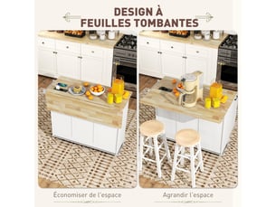 Îlot central cuisine mobile avec prise de courant et port usb, étagère réglable blanc, tablette à abattant