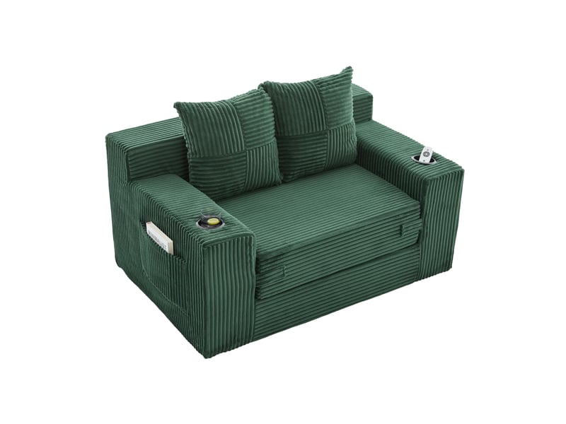  Canapé convertible 2 places 151x133x64 cm vert émeraude en velours côtelé, porte-gobelet et poches latérales  - Conforama A