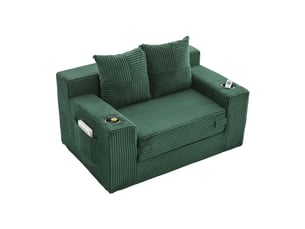 Canapé convertible 2 places 151x133x64 cm vert émeraude en velours côtelé, porte-gobelet et poches latérales