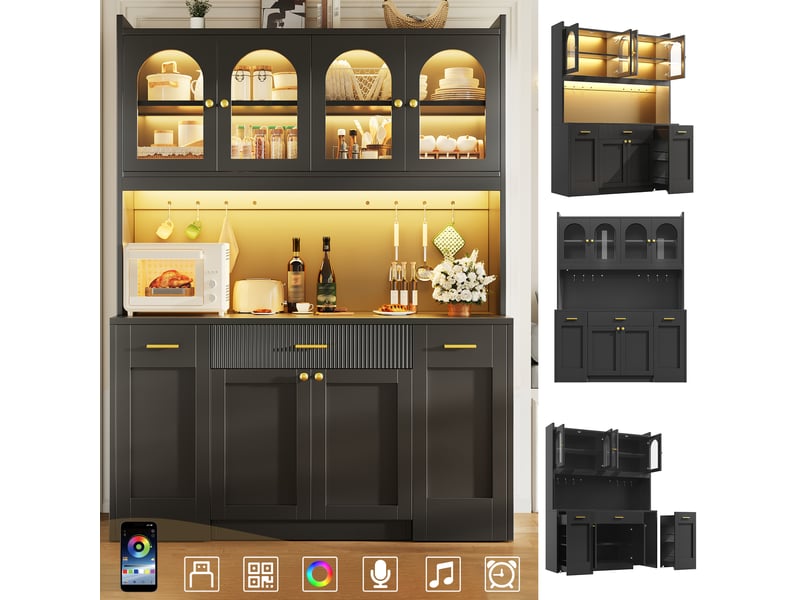  Buffet cuisine 6 portes et 3 tiroirs, 120 x 40 x 187 cm, éclairage led, vitrines supérieures et tablettes coulissantes, mdf, noir Morn Vibe - Conforama D