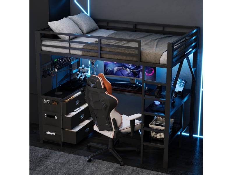  Lit mezzanine enfant 90 × 200 cm 1 place avec bureau, 3 tiroirs et led réglable, sans matelas, métal et mdf noir  - Conforama B