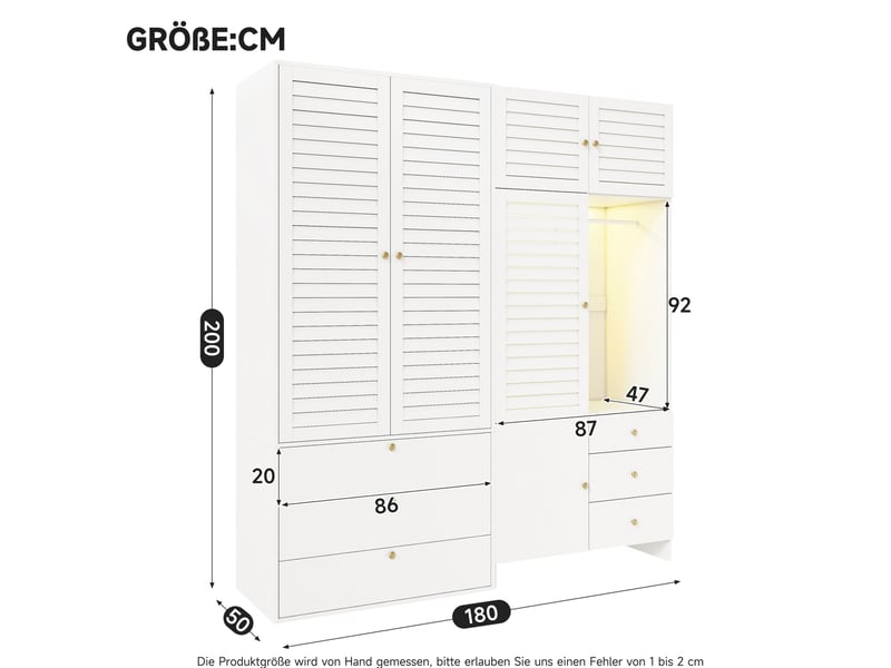 Armoire 180x50x200 cm blanche avec led, 6 tiroirs et panier à linge - Conforama C