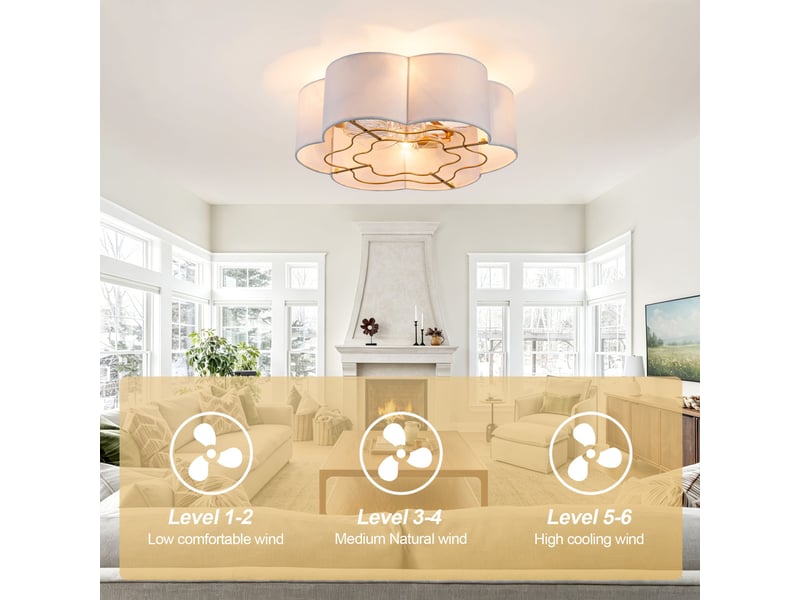  Ventilateur de plafond 50 cm éclairage led abs doré et blanc réversible 6 vitesses télécommande minuterie et mémoire motif fleur  - Conforama C