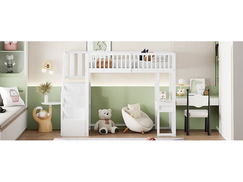 Lit superposé 90x200 cm blanc bois de pin avec bureau multifonction escalier de rangement sécurisé pour enfant et adolescent Sol Morn - Conforama D