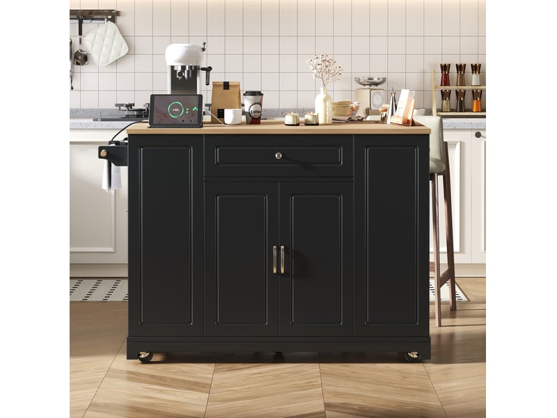  Îlot de cuisine à roulettes 131,8x40-70x93,3 cm avec plan extensible, tiroirs et compartiment déchets, mdf, noir et naturel  - Conforama E