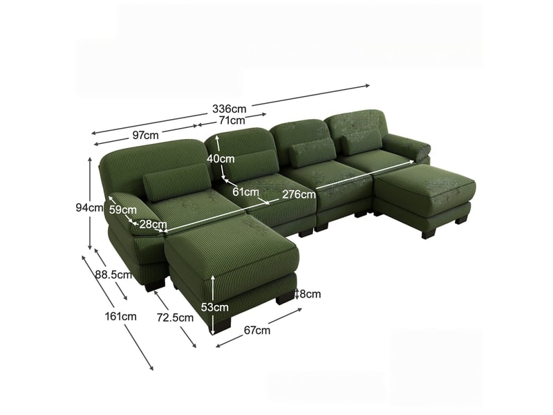  Canapé d’angle 4 places en u moderne, 2 poufs, construction à cadre, assise vaste et profonde, velours côtelé doux, 336 × 161 × 94 cm, vert  - Conforama C