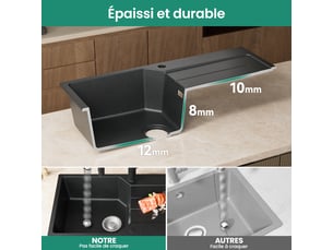 Anycee max évier en granit 86x45cm - évier de cuisine noir - avec système d’évacuation et égouttoir