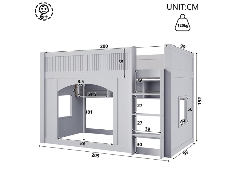  Lit mezzanine enfant 90x200cm style cabane avec bibliothèque, led multicolore, fenêtres et espace de jeu, mdf et pin - gris  - Conforama C