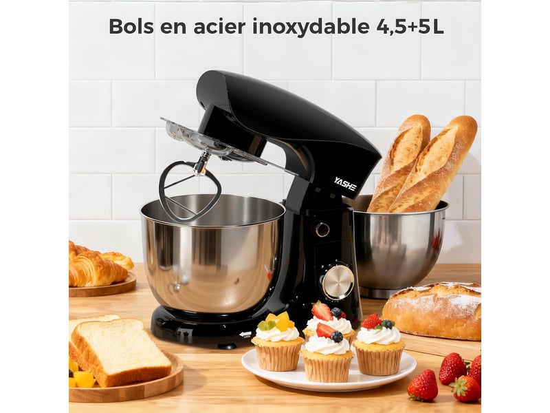  Robot pâtissier yashe 1500 w, 4,5 l + 5 l, noir  - Conforama E
