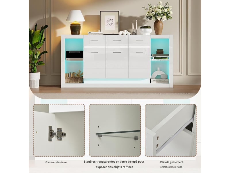  Buffet 3 portes et 3 tiroirs avec éclairage led blanc 160 x 40 x 75 cm  - Conforama E