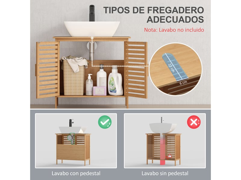  Meuble sous lavabo en bambou, 2 portes à lattes, 66 x 29 x 61,5 cm  - Conforama R