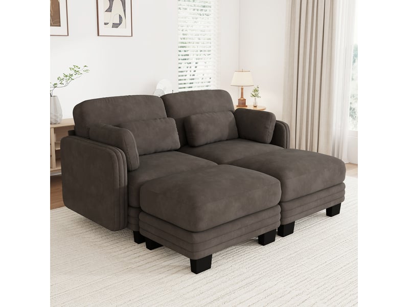 Canapé droit 2 places modulable en chenille marron avec 2 ottomanes - Conforama D