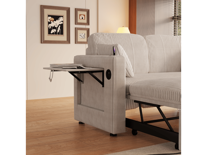  Canapé convertible 2 places en velours côtelé, dossier réglable, coussins, porte-gobelets, tablette et ports usb-c  - Conforama D
