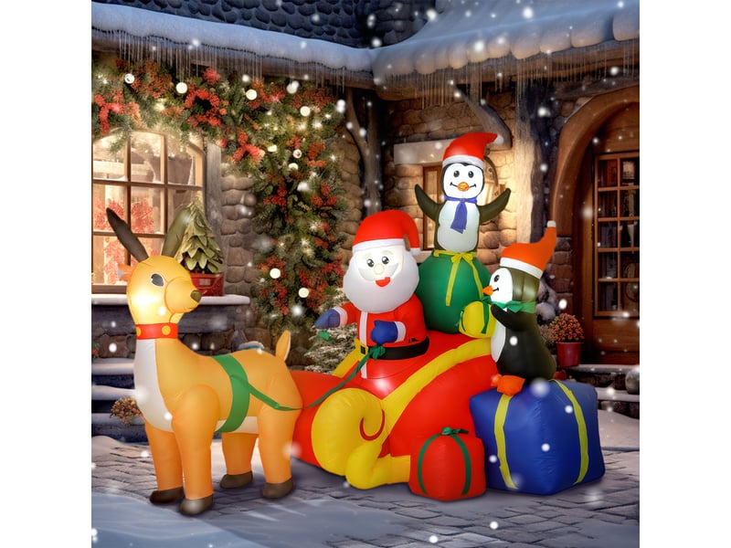  Père noël gonflable avec traîneau, pingouins et rennes, lumières led, décoration de noël pour l'intérieur et l'extérieur, 180 x 120 x 155 cm  - Conforama C