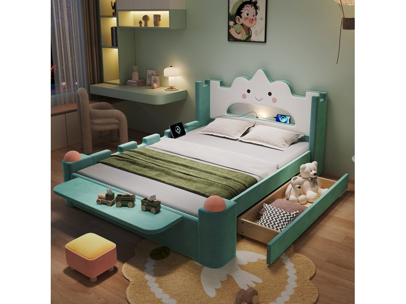  Lit enfant rembourré modenvie 140 x 200 cm avec tête de lit nuage, lampe led, port usb, tiroir de rangement réversible, tablette rabattable, tabouret, velours bleu vert  - Conforama B