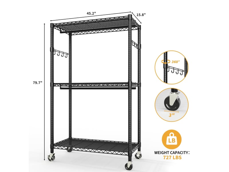  Portant à vêtements robuste 3 niveaux sur roulettes – étagères réglables,  rangement vertical pour chambre, dressing, buanderie PHK_36P9TEPX - Conforama B