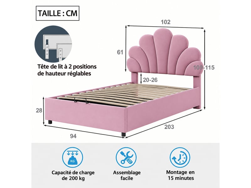  Lit coffre hydraulique en velours rose 90 x 200 cm - tête de lit fleurie réglable  - Conforama C