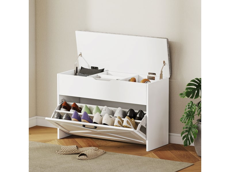  Banc à chaussures avec tiroir pliable et rangement, capacité de 6 paires de chaussures, 80 x 30 x 55 cm, blanc  - Conforama C