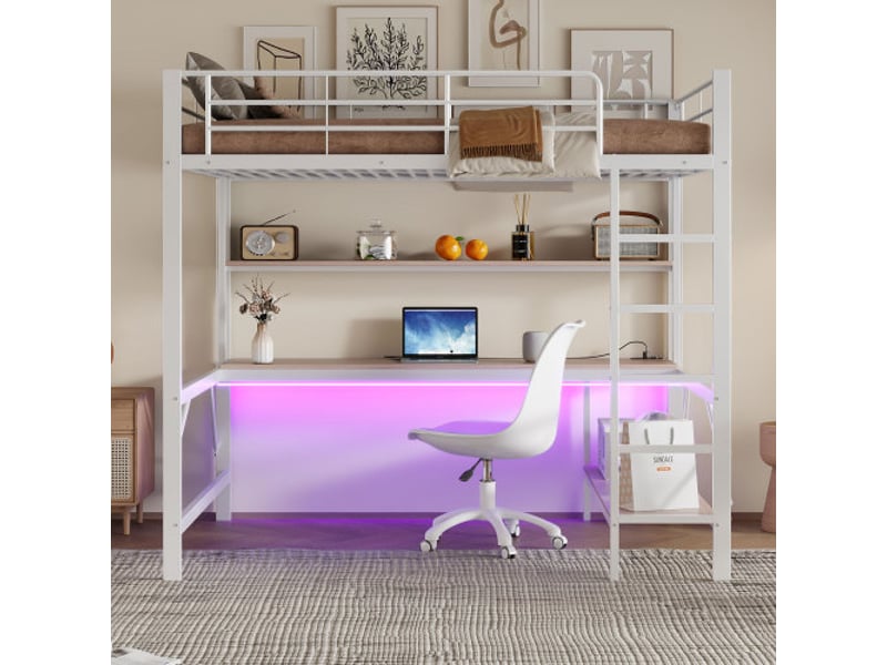  Lit mezzanine 140x200 cm coloris blanc led métal lit enfant blanc - Conforama B
