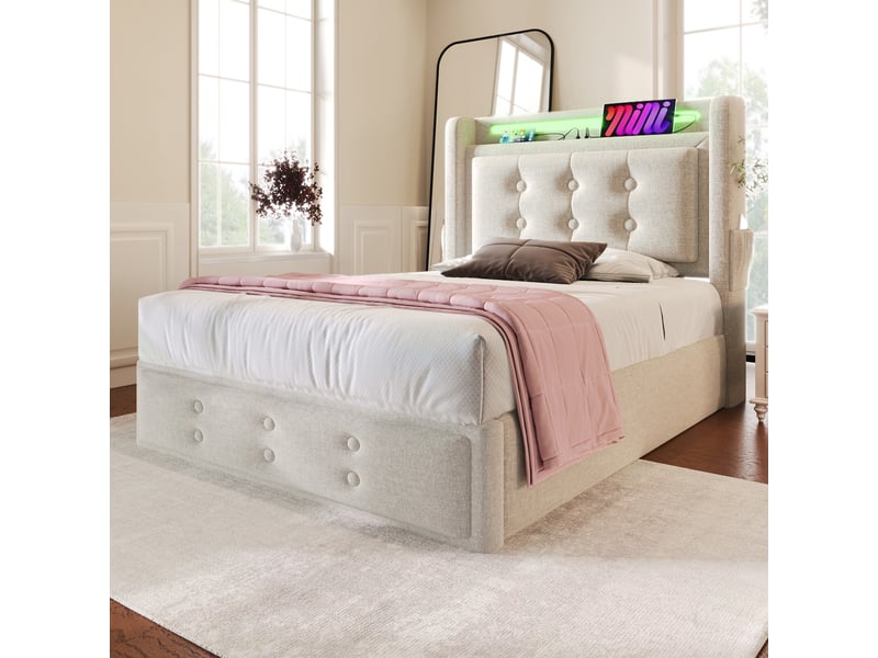  Lit 90x200 cm beige coton, tête led usb-c, coffre hydraulique, sommier à lattes bois-métal, 150 kg max, sans matelas  - Conforama B