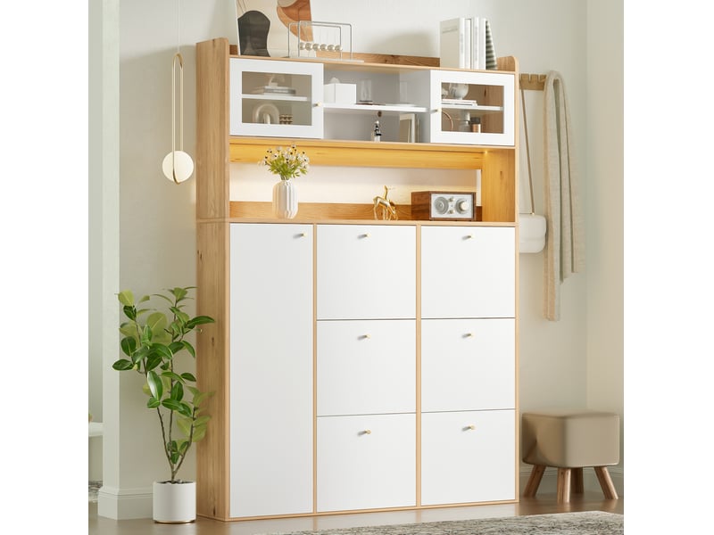  Armoire à chaussures ulevr à 6 abattants, éclairage led réglable par application, 130 x 25 x 180 cm, verre, blanc et naturel  - Conforama B