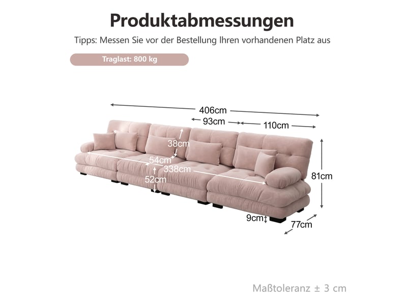  Canapé modulable 4 places 406x77x81 cm, accoudoirs, mousse haute résilience, revêtement chenille rose  - Conforama C