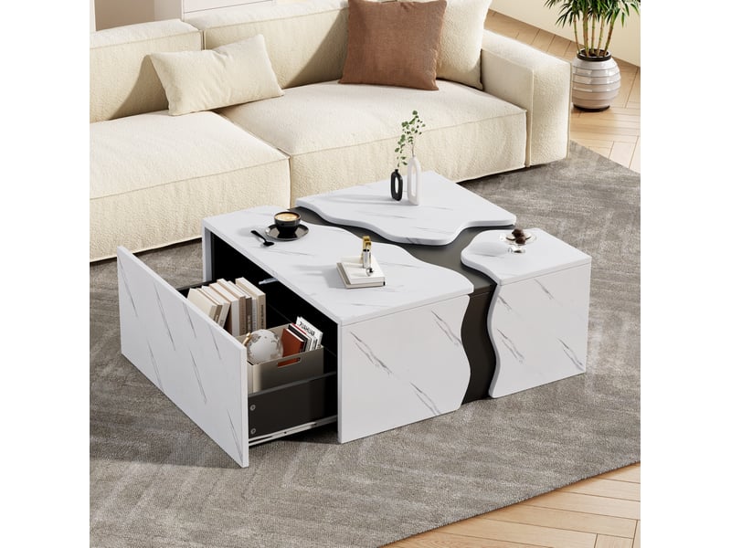  Table basse géométrique 70x70x31 cm blanche effet marbre avec 1 tiroir  - Conforama B