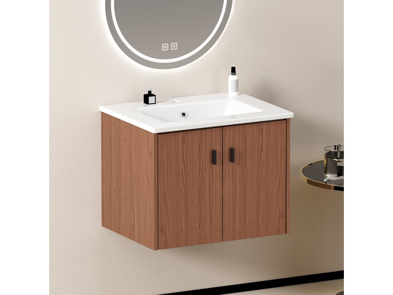  Meuble salle de bains 60 cm à 2 portes amorties - lpospi - rangement mdf, céramique marron rougeâtre  - Conforama C