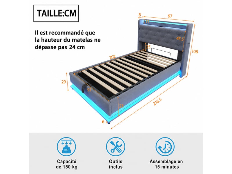  Lit coffre simple 90x200 cm - led multicolore et rangement intégré avec poche pour téléphone, tissu lin gris, sans matelas  - Conforama C