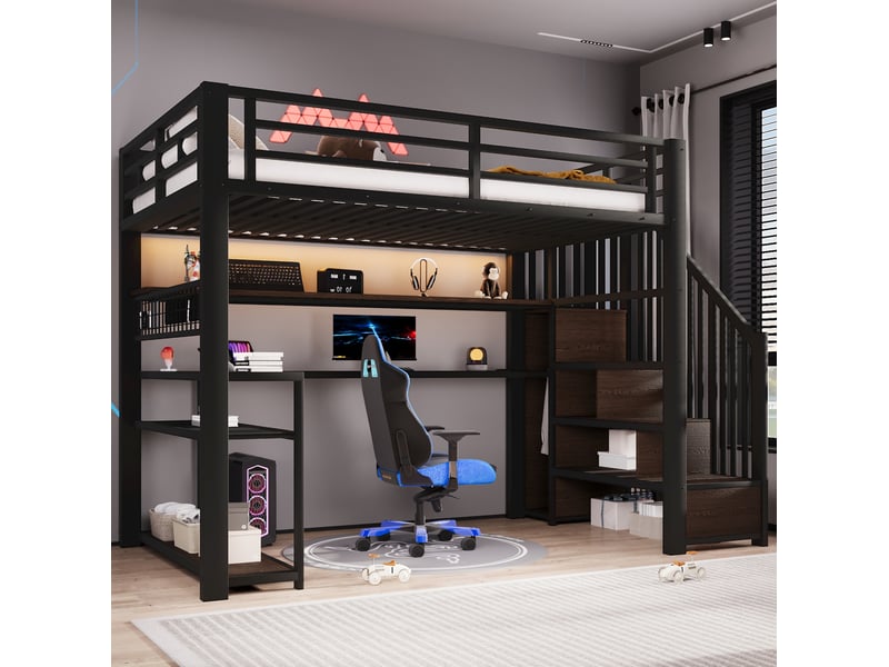  Lit mezzanine 90x200 cm avec bureau, armoire, led rgb et rangements, noir  - Conforama E