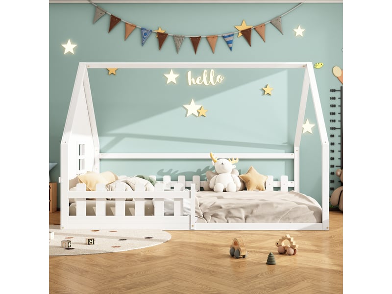  Lit cabane enfant 140x200 en bois de pin massif avec barrière de sécurité, lit enfant blanc au design moderne pour chambre  - Conforama B