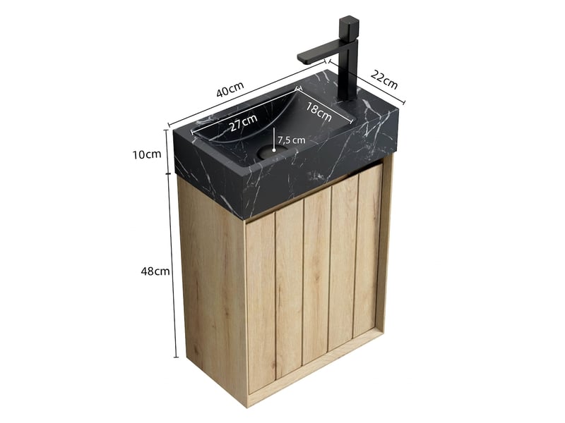  Meuble salle de bain suspendu 40cm avec vasque en marbre noir et porte couleur chêne blanc  - Conforama E